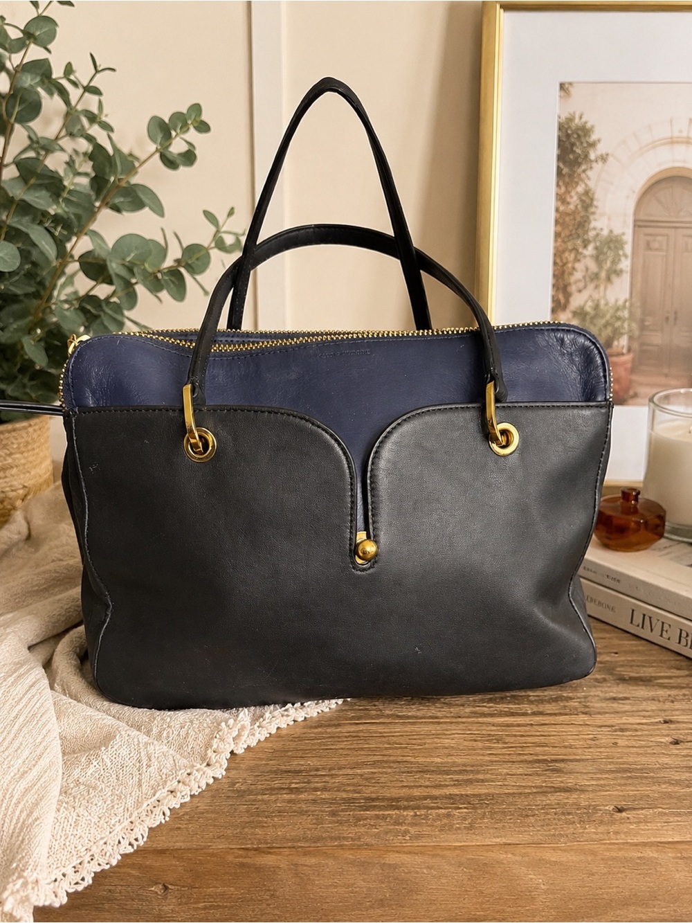 Pour La Victoire Black & Navy Leather Satchel Tote Bag